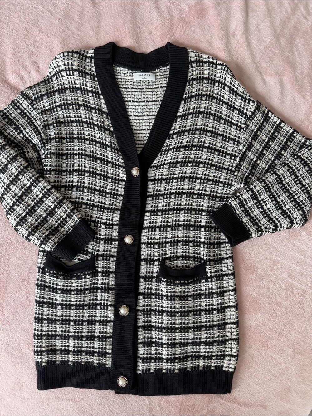 Aritzia Black and White Tweed Cardigan with Pearl Buttons